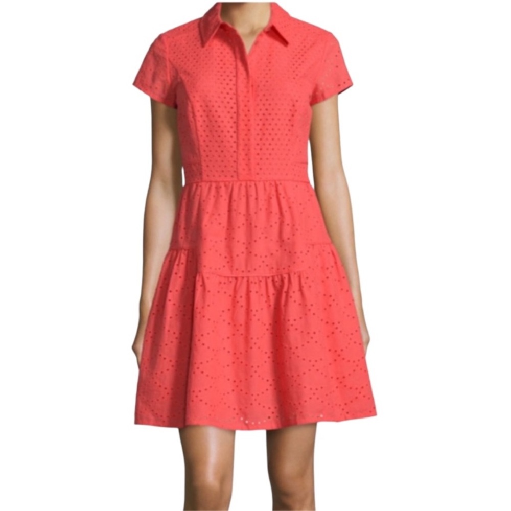 DIANE von FURSTENBERG Skylar Eyelet Tiered Short Sleeve Dress Ocean Coral, Sz 10